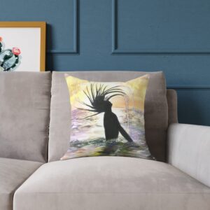 Beach Hair Flip Square Pillow — Sunset Ocean Silhouette Decorative Cushion